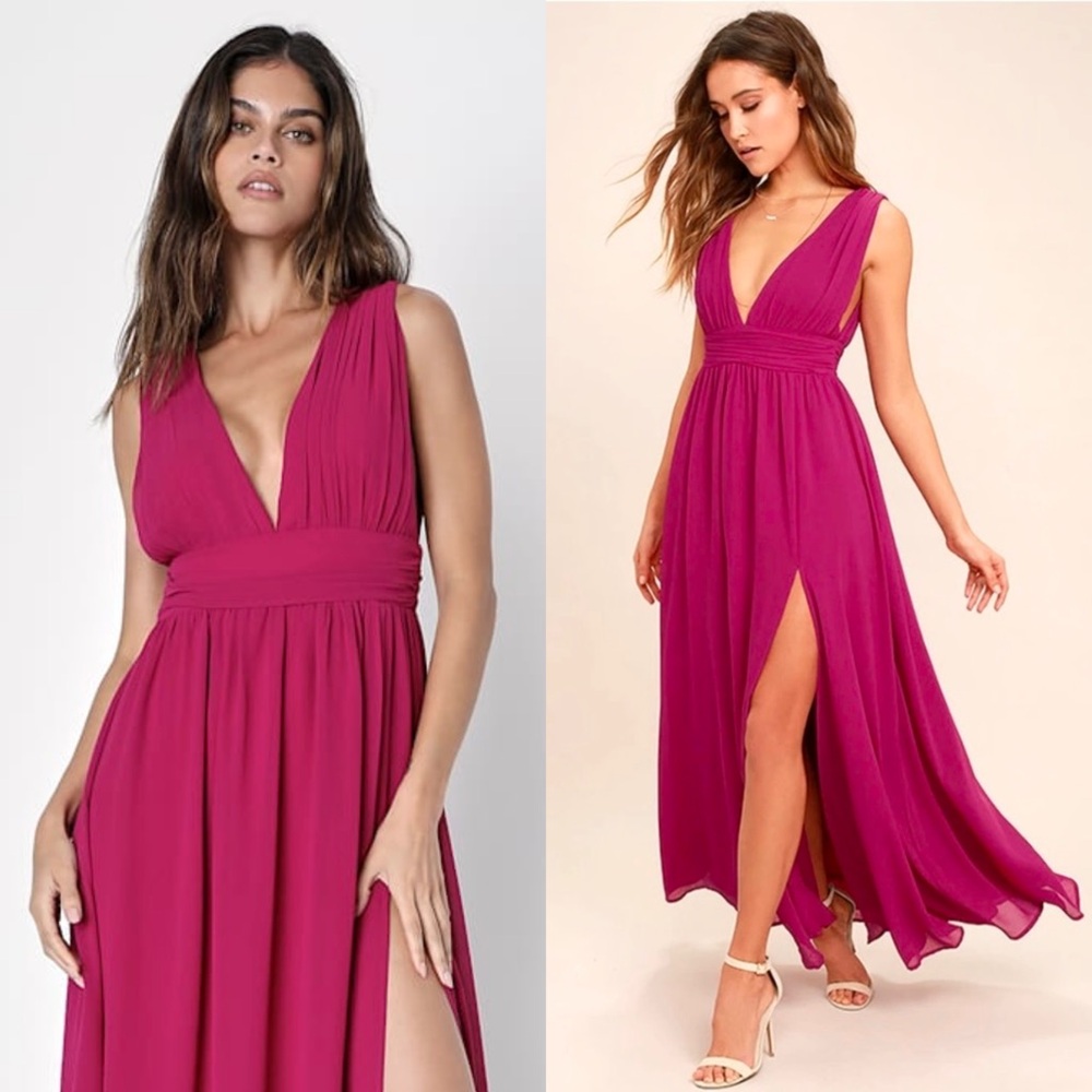 LULUS Fuchsia Chiffon Sleeveless‎ Empire Waist Plunge Neck Formal Goddess Gown S